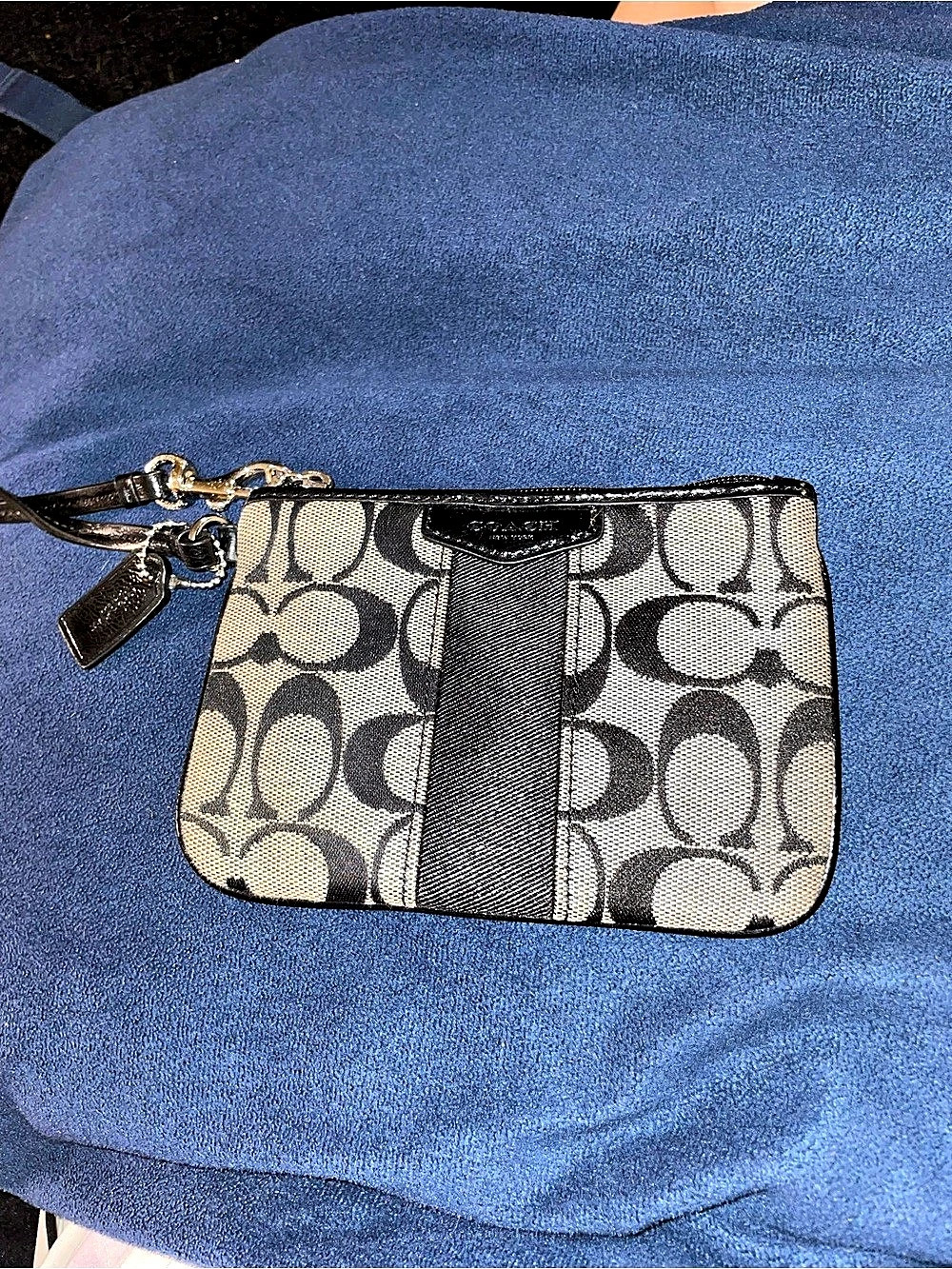 Coach Signature Stripe Small Wristlet in Black & White